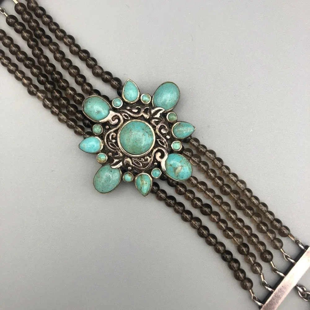 Barse Sterling Silver Turquoise Bracelet Beaded Smoky Quartz 7.5